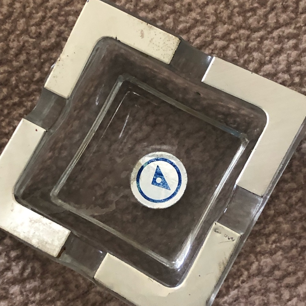 Clear Glass Square Ashtray with Silver-Tone Accents - Clear/Silver Italian 1960